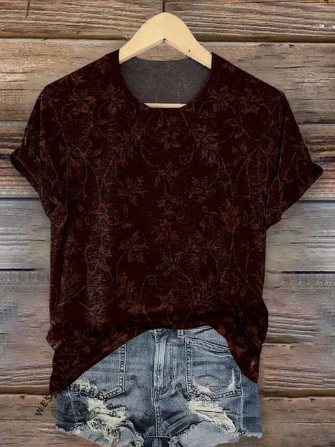 Retro Flowers Pattern Print Round Neck Short Sleeves Casual T-shirt