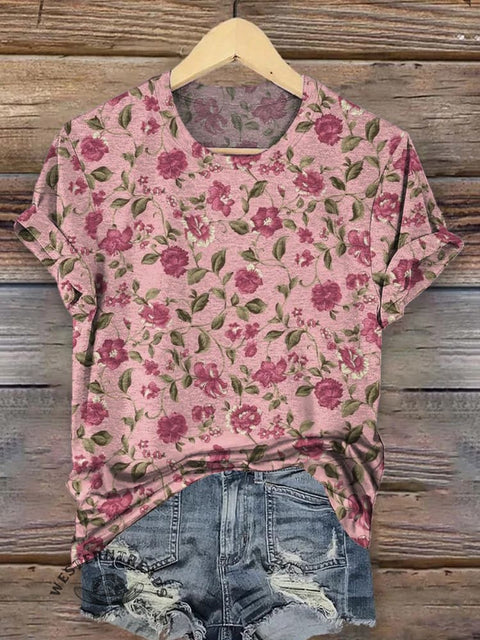 Retro Flowers Pattern Print Round Neck Short Sleeves Casual T-shirt