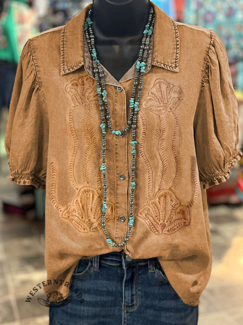 Women's Western Boots Pattern Print Casual Cotton Shirt