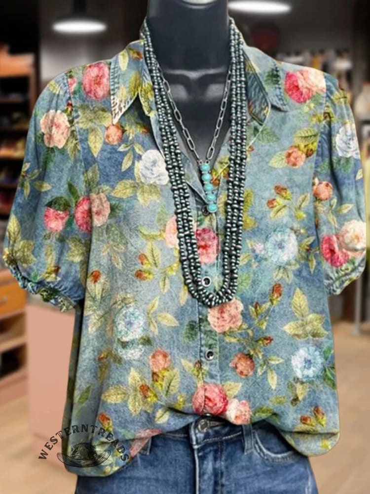 Women's Vintage Flower Print Casual Cotton Shirt
