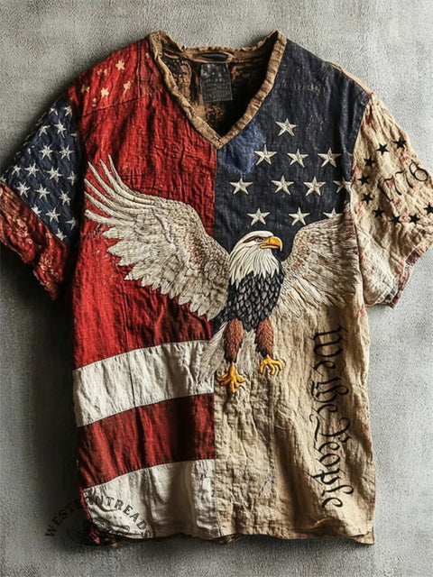 American Flag Independence Day Eagle Pattern Prints V-neck Casual T-Shirt