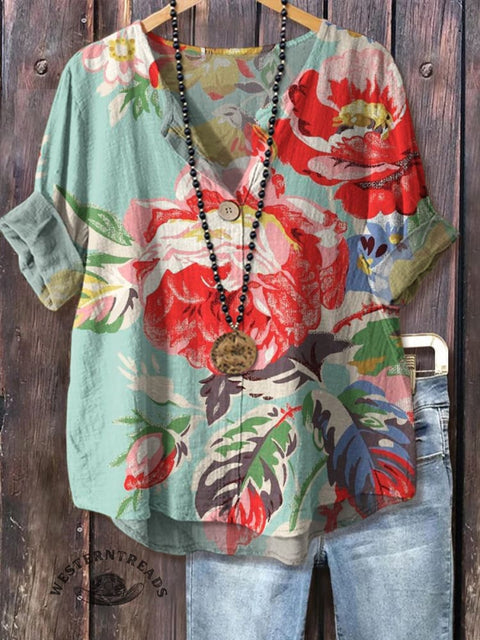 Women's Retro Flowers Print Casual Cotton Linen Shirt