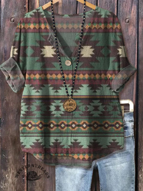 Women's Retro Aztec Art Print Casual Cotton Linen Shirt