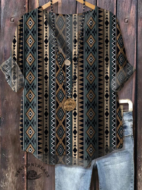 Women's Retro Aztec Art Print Casual Cotton Linen Shirt
