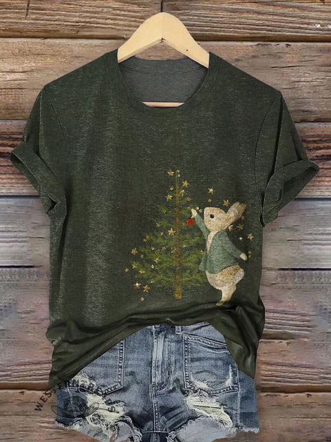 Retro Christmas Tree Rabbit Pattern T-shirt