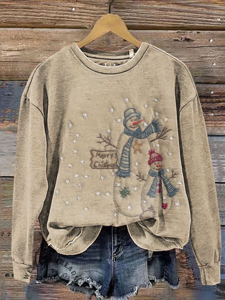 Retro Christmas Tree Snowman Print Casual Cotton Sweatshirt