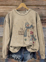 Retro Christmas Tree Snowman Print Casual Cotton Sweatshirt