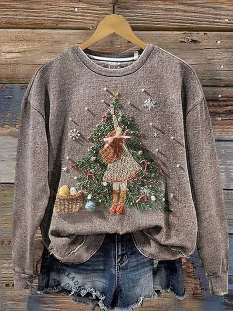 Retro Christmas Tree Print Casual Cotton Sweatshirt