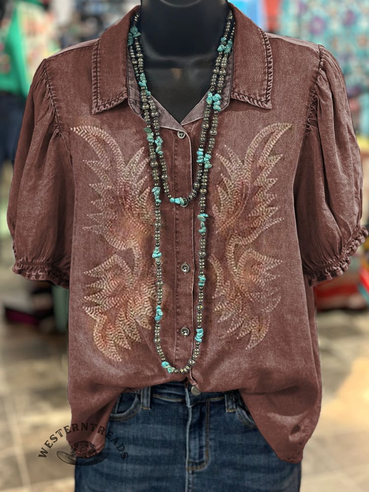 Women's Western Boots Pattern Print Casual Cotton Shirt