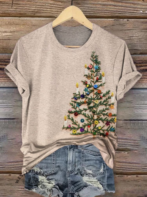 Retro Christmas Tree Casual Cotton Crew Neck T-shirt