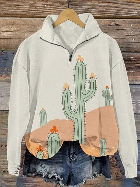 Classic Cactus Casual Long Sleeve Zip Sweatshirt