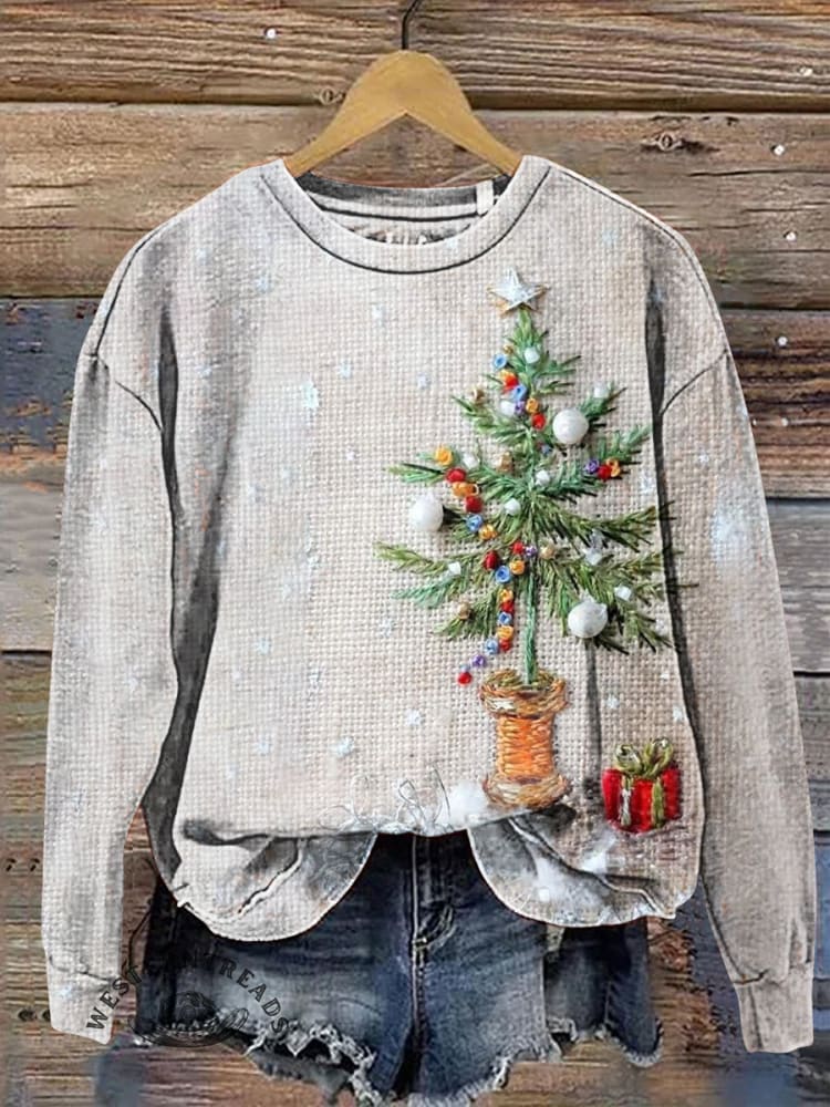 Retro Christmas Tree Casual Cotton Sweatshirt