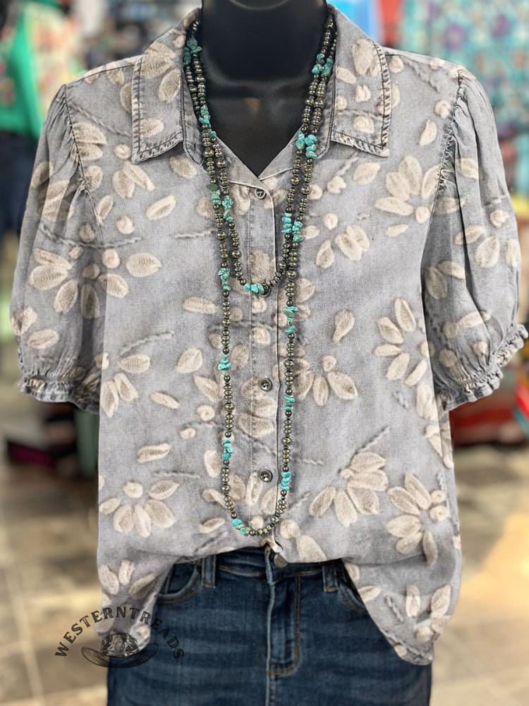 Women's Floral Textured Art Pattern Print Casual Cotton Shirt