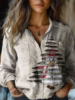 Women's Retro Christmas Tree Snowman Pattern Print Casual Long Sleeve Comfortable Cotton Shirt