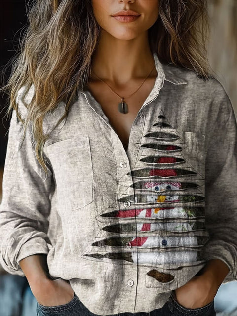 Women's Retro Christmas Tree Snowman Pattern Print Casual Long Sleeve Comfortable Cotton Shirt