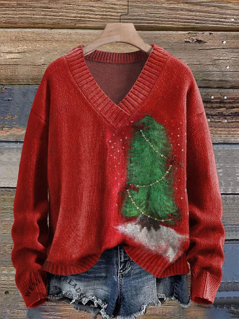 Retro Christmas Tree Print Knit V-neck Pullover Sweater