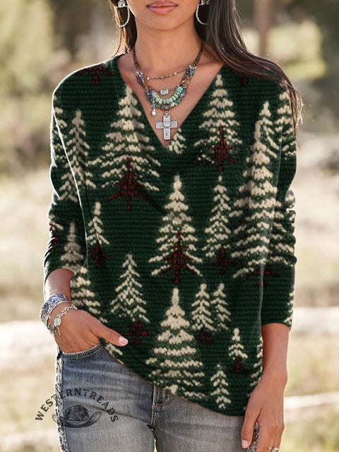 Women's Christmas Tree Print Casual Cotton Shirt