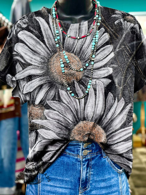 Retro Floral Pattern Print Casual T-Shirt