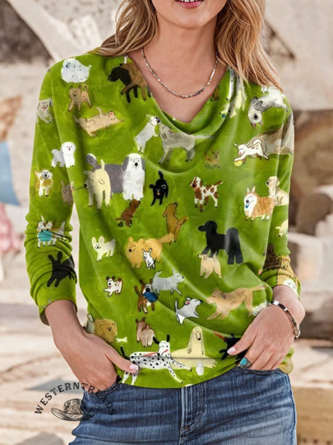 Women's Cute Dog Park Painting Print Casual Cotton Shirt