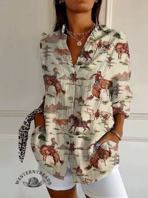 Women's Classic Horse Art Print Casual Cotton Shirt
