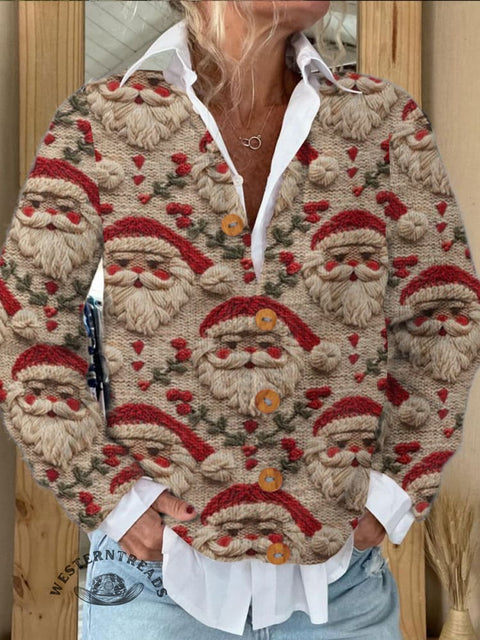 Christmas Santa Claus Print Buttoned Cardigan Sweater