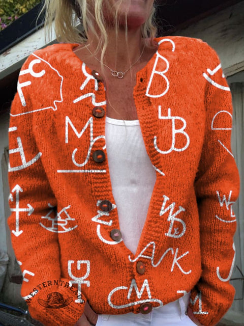 Western Cattle Brands Print Buttoned Cardigan Sweater