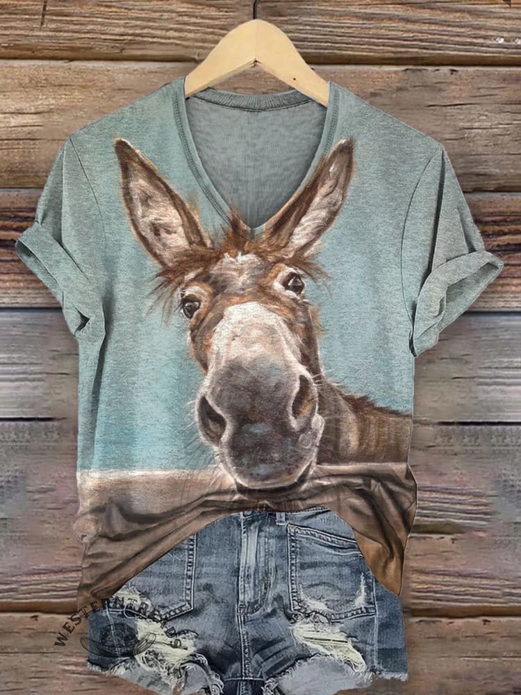 Vintage Donkey Print V-neck Casual T-Shirt