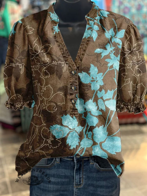 Women's Contrast Floral  Print V-Neck Casual Cotton Shirt