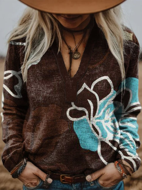 Women's Contrast Floral Print V-neck Long Sleeve Casual Cotton Shirt