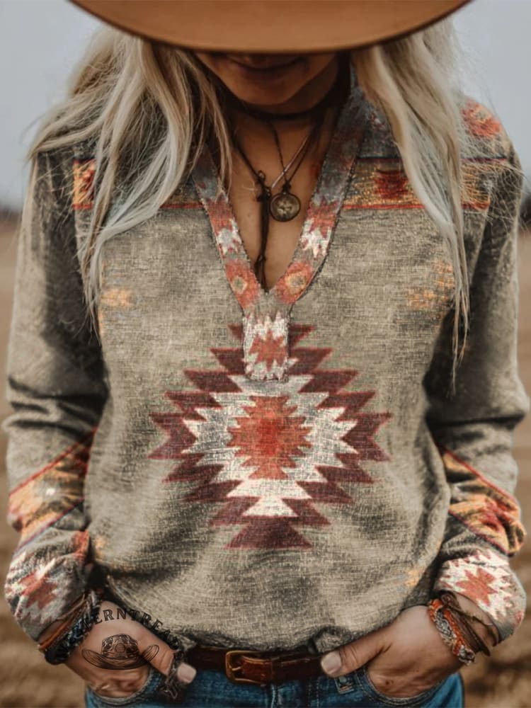 Women's Vintage Western Geometric Print V-neck Long Sleeve Casual Cotton Shirt