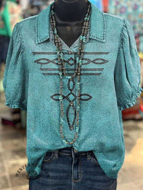 Women's Western Boots Pattern Print Casual Cotton Shirt