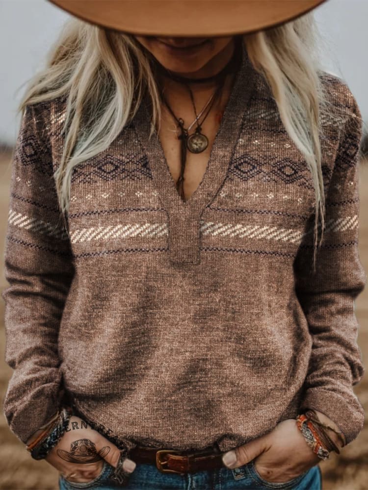 Women's Vintage Western Geometric Print V-neck Long Sleeve Casual Cotton Shirt