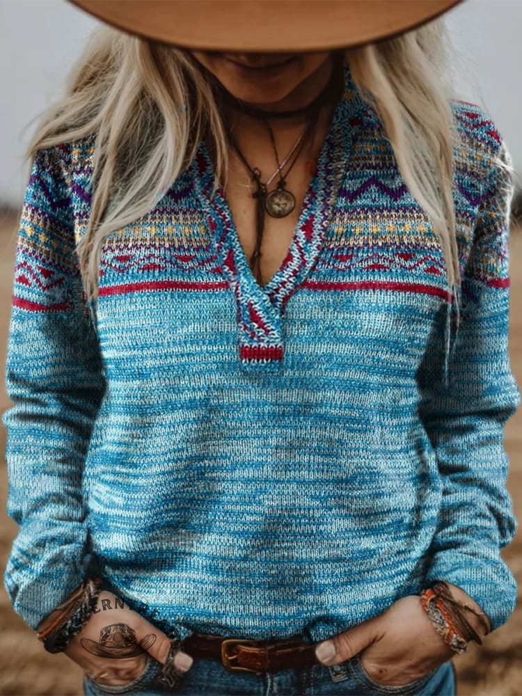 Women's Vintage Western Geometric Print V-neck Long Sleeve Casual Cotton Shirt