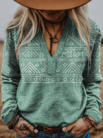 Women's Vintage Western Geometric Print V-neck Long Sleeve Casual Cotton Shirt
