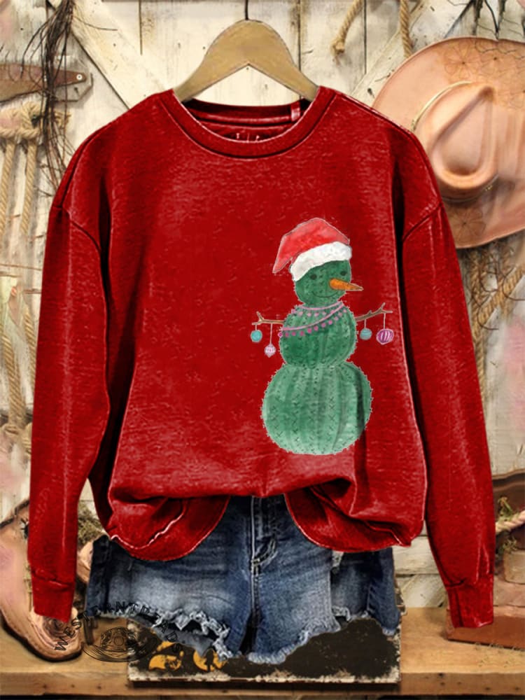 Vintage Christmas Cactus Snowman Print Casual Cotton Sweatshirt