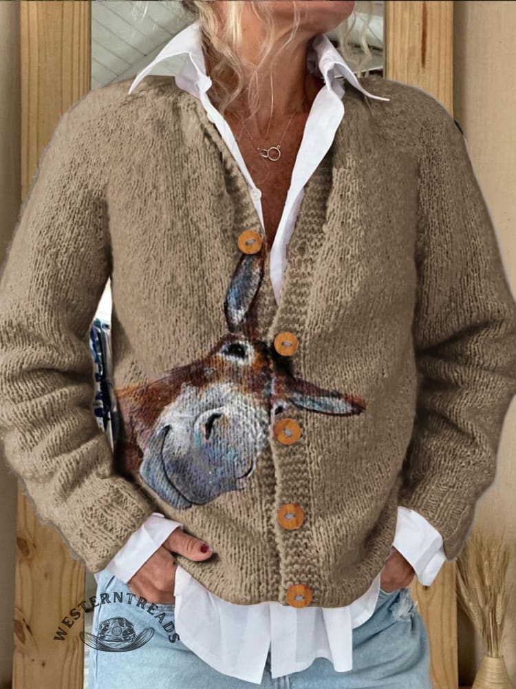 Women's Vintage Donkey Art Print Buttoned Cardigan Sweater