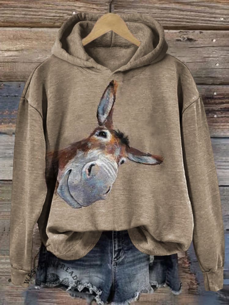 Vintage Donkey Art Print Cotton Casual Hoodie Sweatshirt