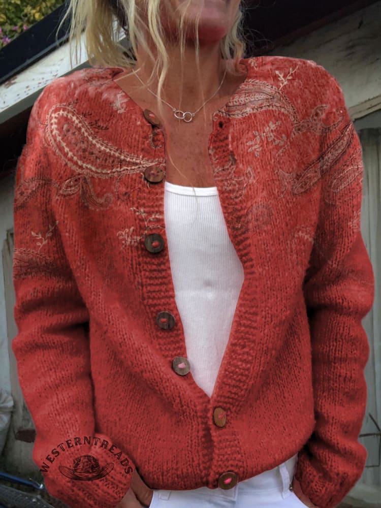 Paisley Cashew Flower Print Buttoned Cardigan Sweater
