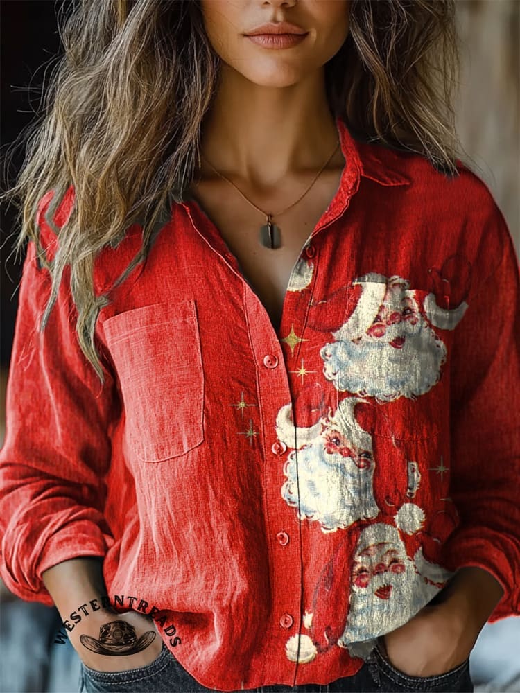 Vintage Christmas Santa Claus Print Casual Cotton Sweatshirt