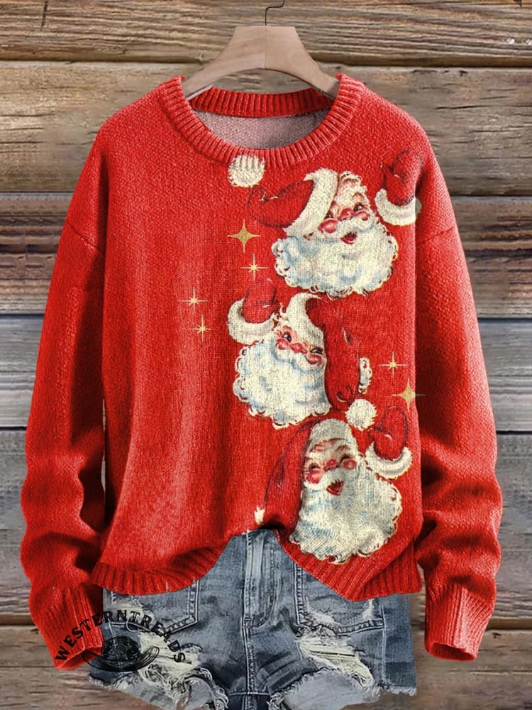 Vintage Christmas Santa Claus Print Casual Cotton Sweatshirt