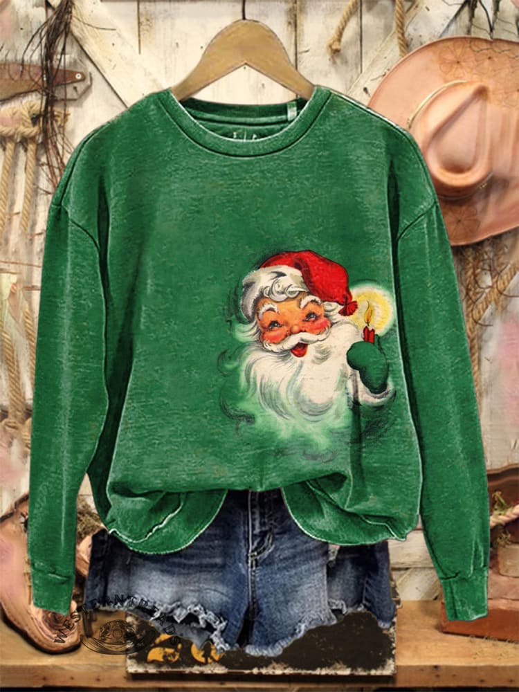 Vintage Christmas Santa Claus Print Casual Cotton Sweatshirt