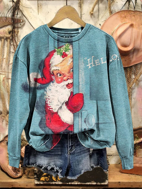 Retro Christmas Santa Claus Art Print Casual Cotton Sweatshirt