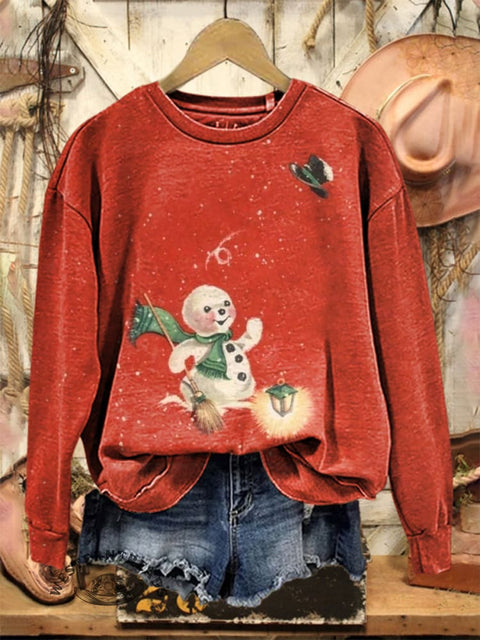Retro Christmas Snowman Art Print Casual Cotton Sweatshirt
