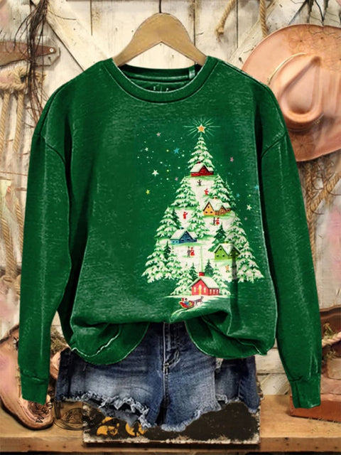 Retro Christmas Tree Art Print Casual Cotton Sweatshirt