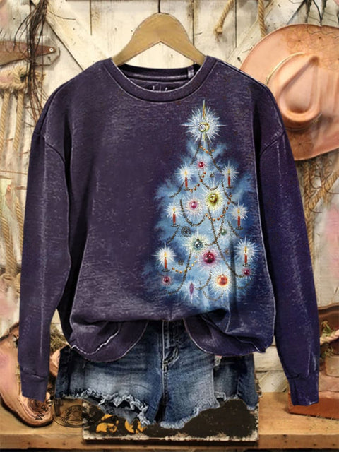 Retro Christmas Tree Art Print Casual Cotton Sweatshirt