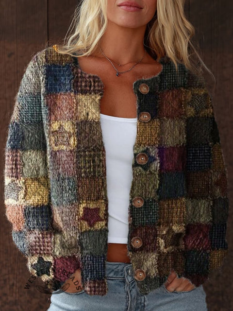 Rag Quilt Patterns Print Buttoned Cardigan Sweater