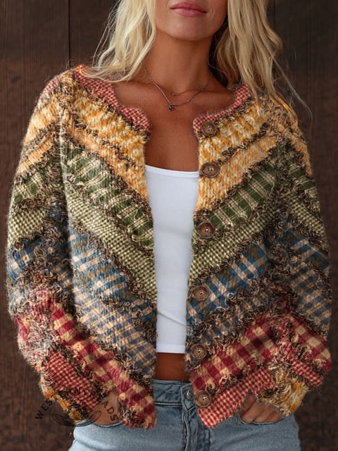 Rag Quilt Patterns Print Buttoned Cardigan Sweater