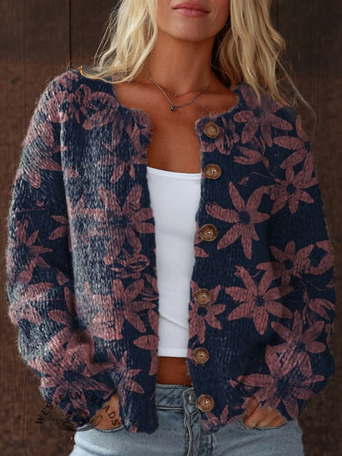 Retro Flowers Patterns Print Buttoned Cardigan Sweater