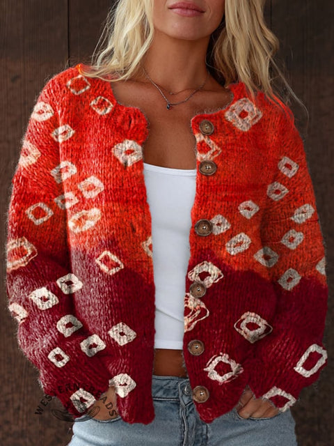 Ethnic Geometry Patterns Print Buttoned Cardigan Sweater
