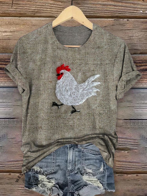 Imitation Embroidered Chicken Print Short Sleeve T-shirt